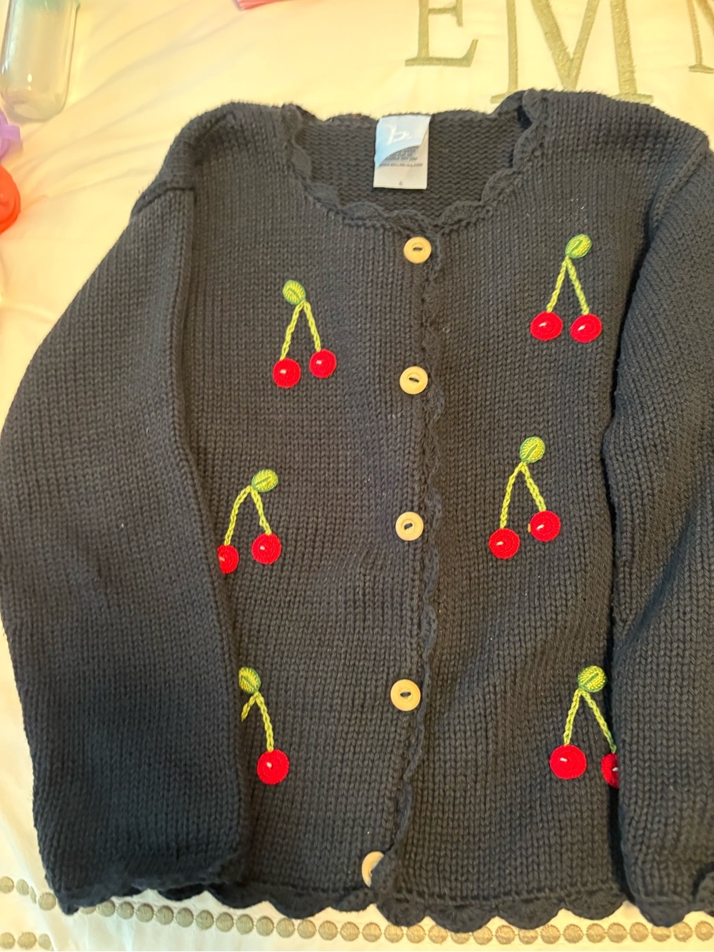 bella bliss Navy Knit Cardigan with Red Cherry Embroidery
